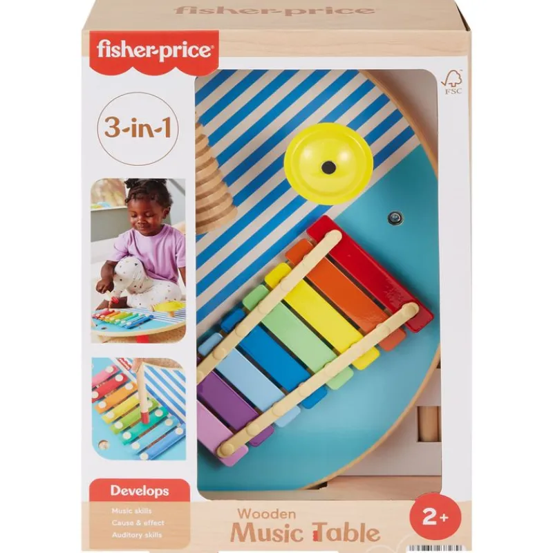 FISHER PRICE Juegos De Madera|Instrumentos Musicales|Mesa de Madera con 3 Instrumentos de Percusión